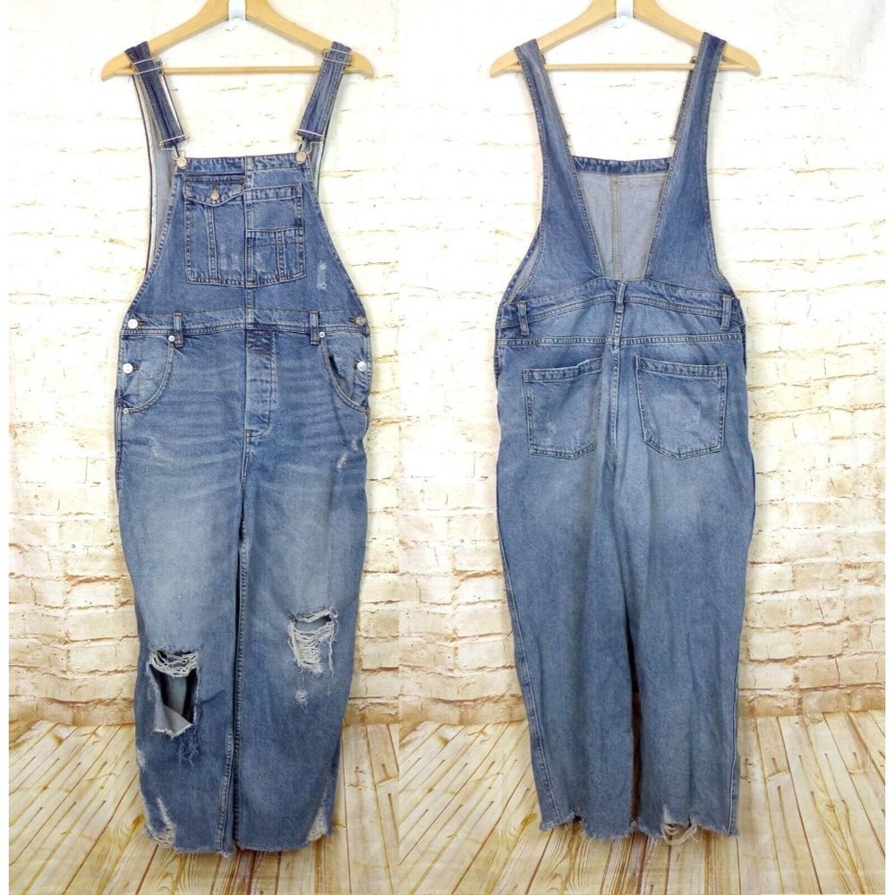 Free People Womens Blue Denim Distressed Baggy Boyfriend Jean Overalls Size 28